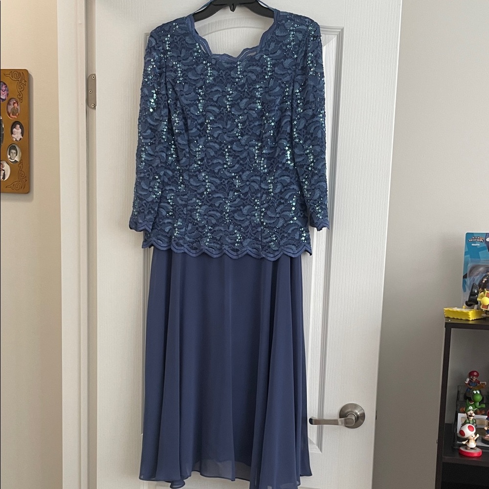 Alex Evenings Navy Blue Sequin Lace Long Sleeve Evening Dress